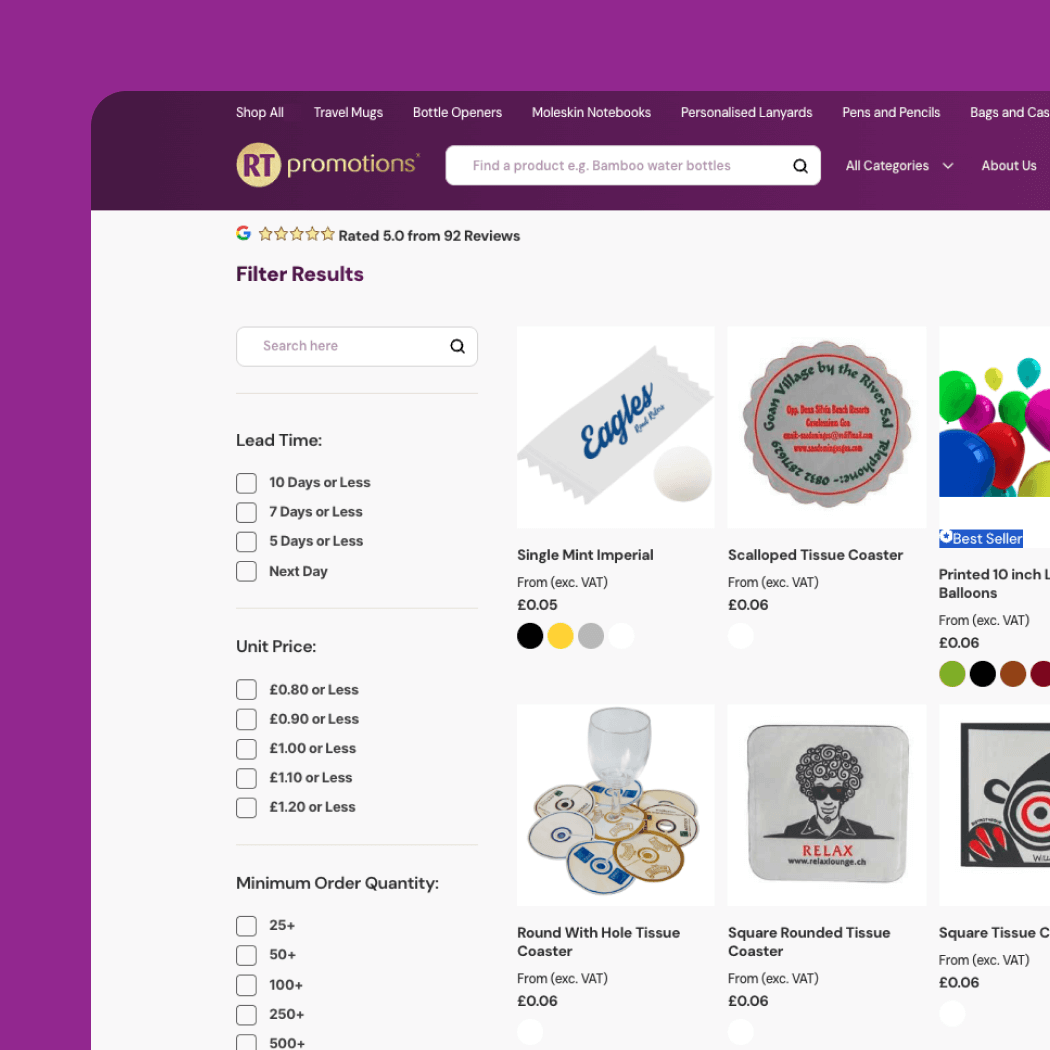 RT Promotions Website Shop Page Design