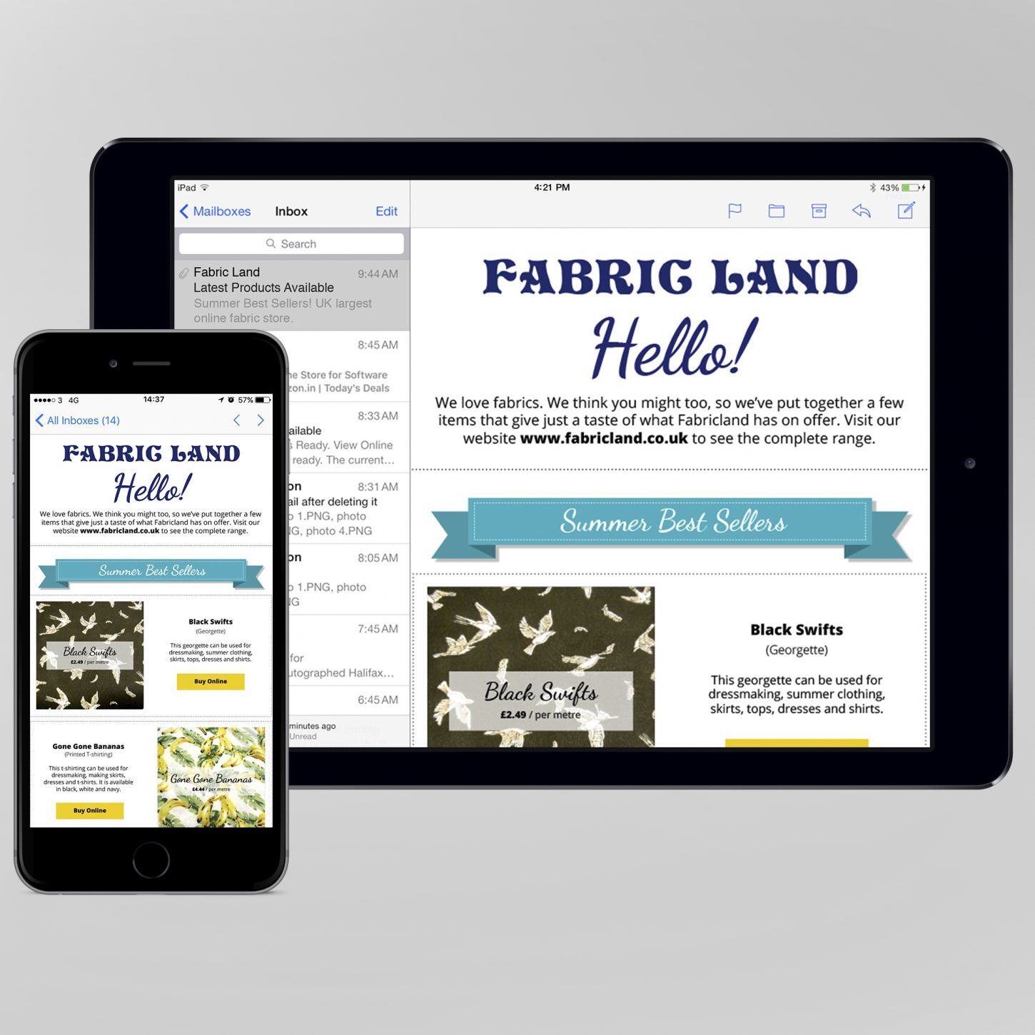 Fabric Land emails on a phone and an iPad
