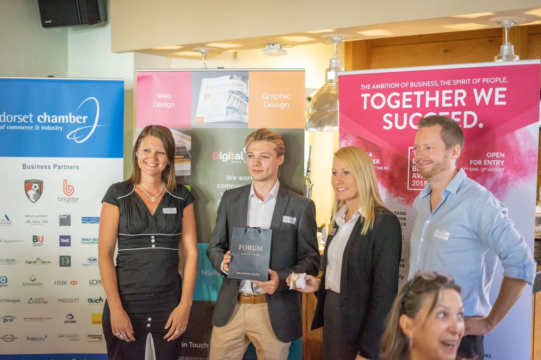 Winner of the Digital Storm networking breakfast competition Lesley Simmons Damion Hazael Curtis Williams Digital Storm Bournemouth