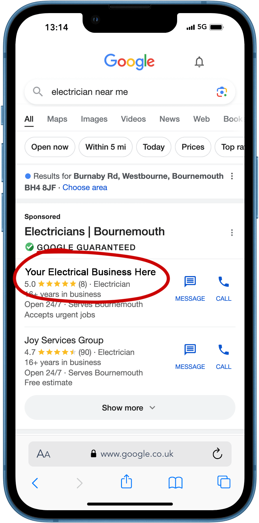 Google Local Services for Electricians on mobile device
