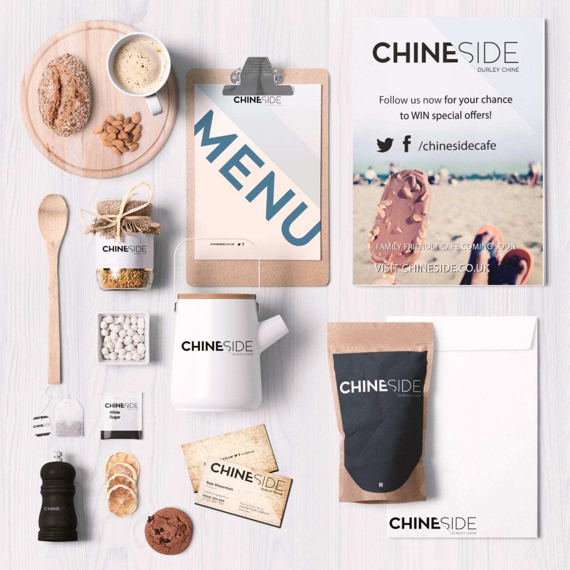 Chineside branding across stationary and objects