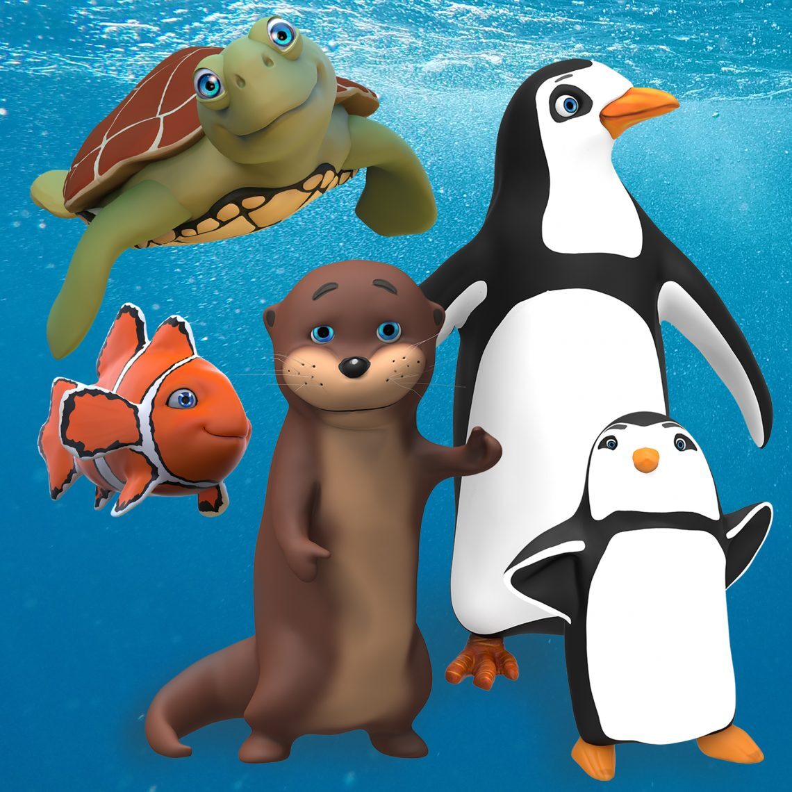 Oceanarium characters including otter, fish, penguin, turtle