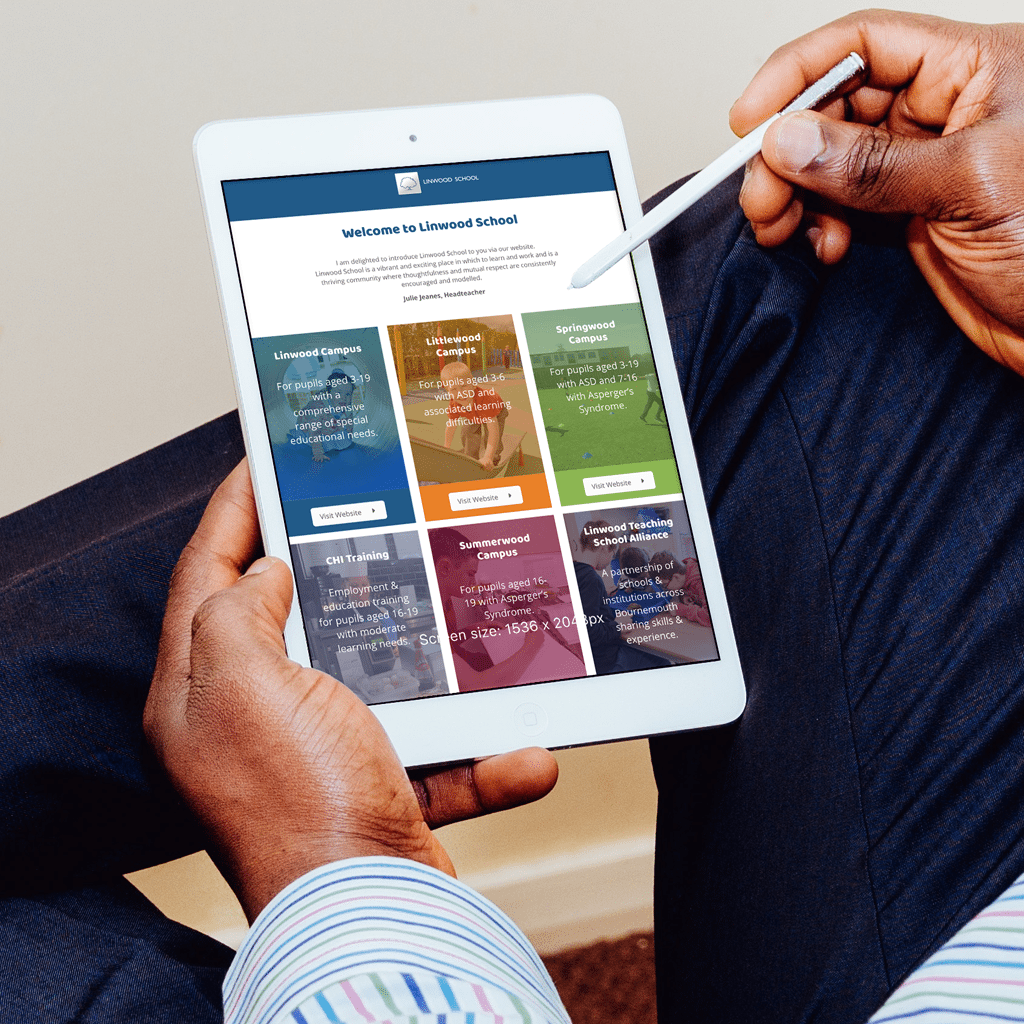 person browsing Linwood school website on an iPad