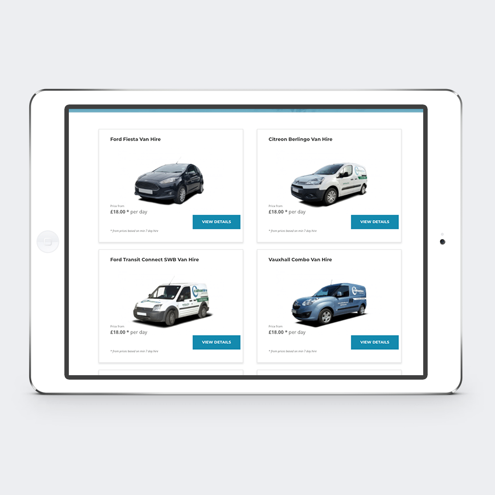 4 call van hire vans on an iPad with white background