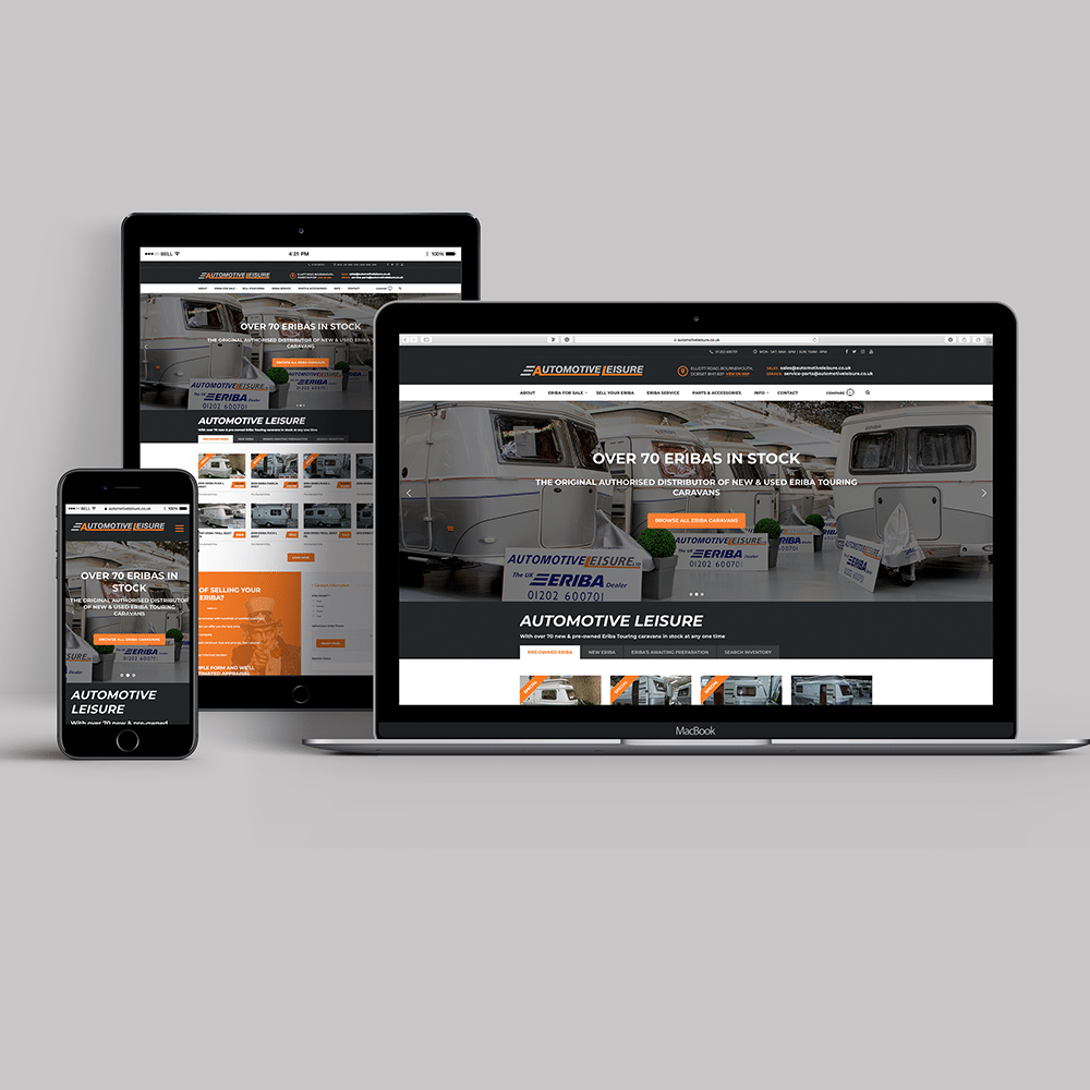 Automotive Leisure home page on iPhone, iPad and MacBook