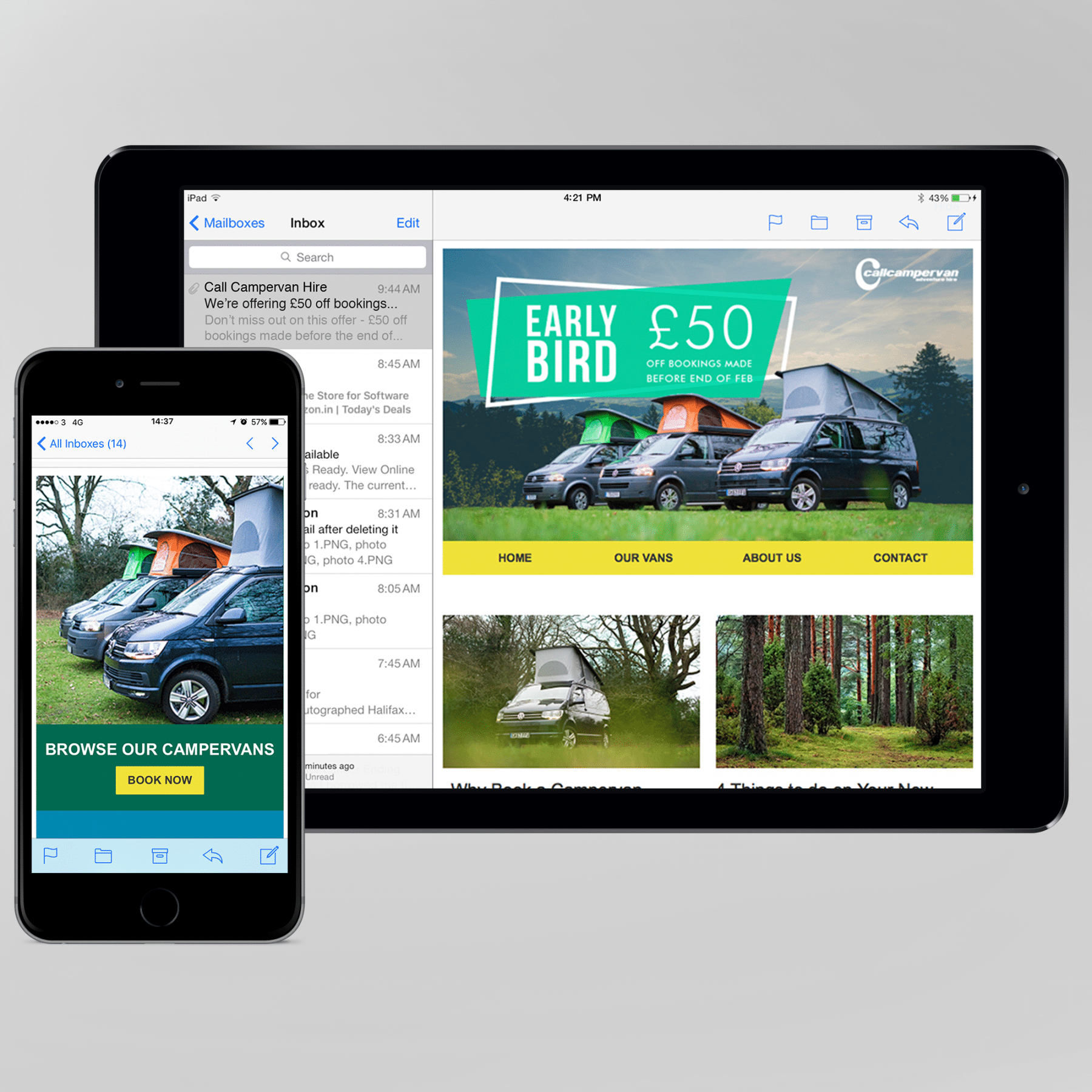 Call Campervan Hire email design on iPhone and iPad