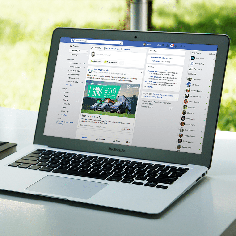 Call campervan hire Facebook advertising on a MacBook